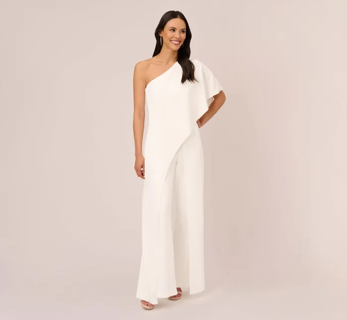 Adrianna Papell Plus Size Flutter One Shoulder Jumpsuit In Ivory Ivory Women Bridal Jumpsuits Adrianna Papell Plus Size Flutter One Shoulder Jumpsuit In Ivory Ivory Women Bridal Jumpsuits