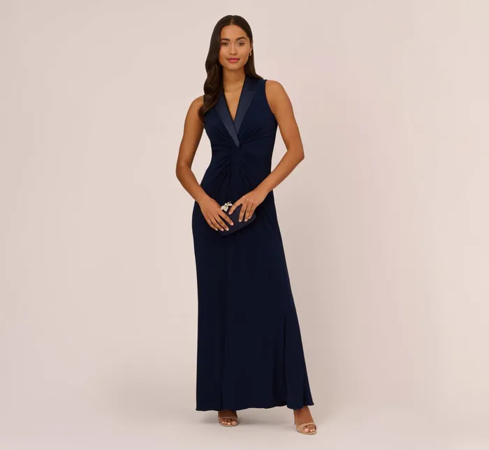 Adrianna Papell Plus Size Matte Jersey Twist Front Tuxedo Long Gown In Black Black Women Long Dresses Adrianna Papell Plus Size Matte Jersey Twist Front Tuxedo Long Gown In Black Black Women Long Dresses