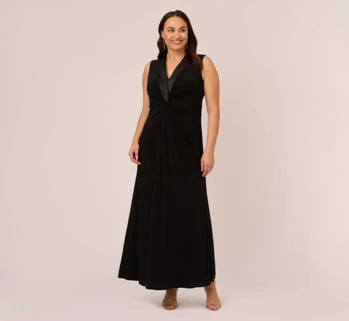 Adrianna Papell Plus Size Matte Jersey Twist Front Tuxedo Long Gown In Black Black Women Long Dresses Adrianna Papell Plus Size Matte Jersey Twist Front Tuxedo Long Gown In Black Black Women Long Dresses