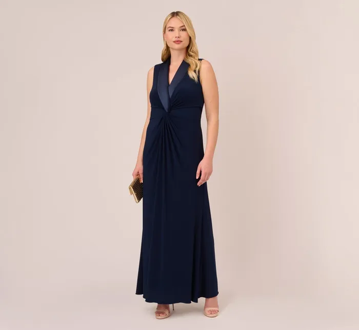 Adrianna Papell Plus Size Matte Jersey Twist Front Tuxedo Long Gown In Black Black Women Long Dresses Adrianna Papell Plus Size Matte Jersey Twist Front Tuxedo Long Gown In Black Black Women Long Dresses