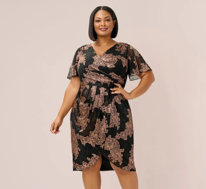 Adrianna Papell Plus Size Metallic Foil Crinkled Mesh MidiLength Wrap Dress In Rose Gold Black Rose GoldBlack Women Short Dresses Adrianna Papell Plus Size Metallic Foil Crinkled Mesh MidiLength Wrap Dress In Rose Gold Black Rose GoldBlack Women Short Dresses