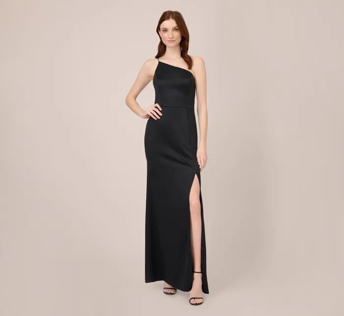 Adrianna Papell Satin Crepe OneShoulder Long Gown In Black Black Women Long Dresses