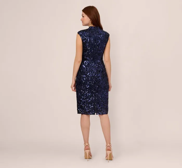 Adrianna Papell Sequin Lace Sleeveless Midi Dress With Mock Neck In Navy Navy Women Midi Dresses