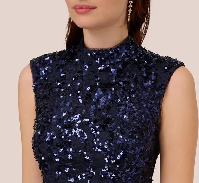 Adrianna Papell Sequin Lace Sleeveless Midi Dress With Mock Neck In Navy Navy Women Midi Dresses