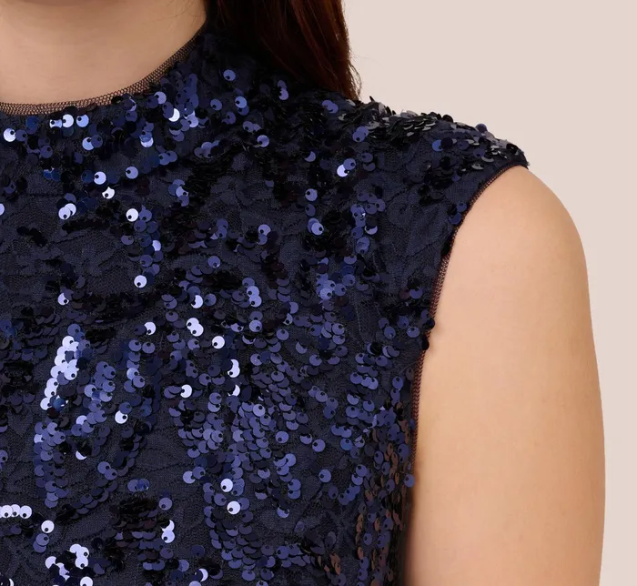 Adrianna Papell Sequin Lace Sleeveless Midi Dress With Mock Neck In Navy Navy Women Midi Dresses