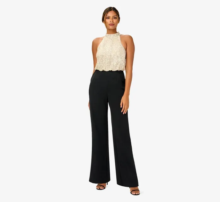 Adrianna Papell Sequined Crepe Halter Blouson Jumpsuit In Silver Black SilverBlack Women Jumpsuits Adrianna Papell Sequined Crepe Halter Blouson Jumpsuit In Silver Black SilverBlack Women Jumpsuits