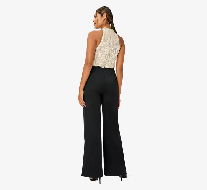 Adrianna Papell Sequined Crepe Halter Blouson Jumpsuit In Silver Black SilverBlack Women Jumpsuits Adrianna Papell Sequined Crepe Halter Blouson Jumpsuit In Silver Black SilverBlack Women Jumpsuits