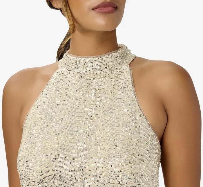 Adrianna Papell Sequined Crepe Halter Blouson Jumpsuit In Silver Black SilverBlack Women Jumpsuits Adrianna Papell Sequined Crepe Halter Blouson Jumpsuit In Silver Black SilverBlack Women Jumpsuits
