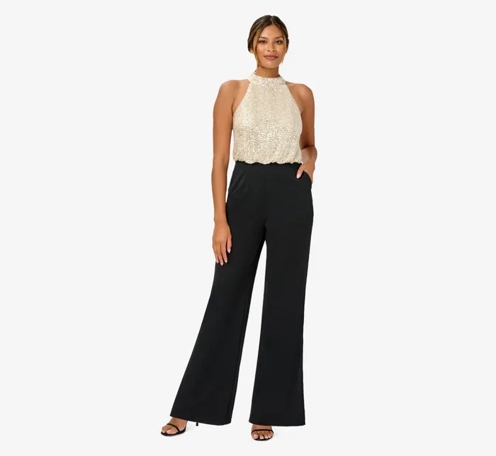 Adrianna Papell Sequined Crepe Halter Blouson Jumpsuit In Silver Black SilverBlack Women Jumpsuits Adrianna Papell Sequined Crepe Halter Blouson Jumpsuit In Silver Black SilverBlack Women Jumpsuits