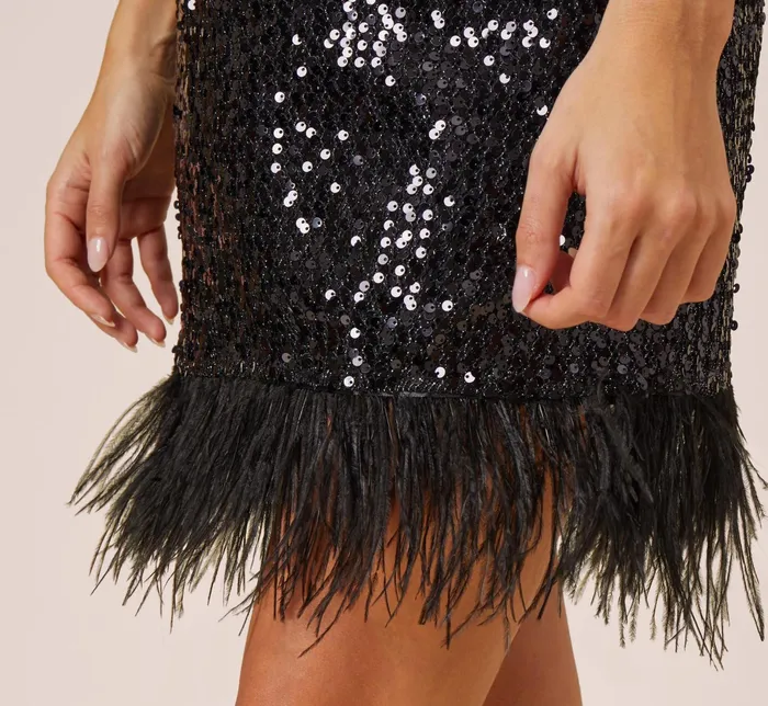 Adrianna Papell Sequined Trapeze Halter Dress With Feather Trim In Black Black Women Cocktail Dresses Adrianna Papell Sequined Trapeze Halter Dress With Feather Trim In Black Black Women Cocktail Dresses