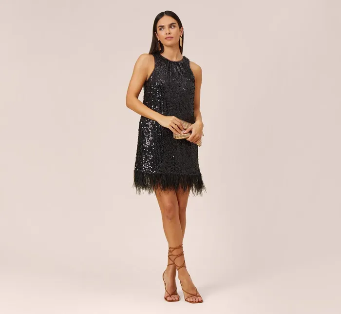 Adrianna Papell Sequined Trapeze Halter Dress With Feather Trim In Black Black Women Cocktail Dresses Adrianna Papell Sequined Trapeze Halter Dress With Feather Trim In Black Black Women Cocktail Dresses