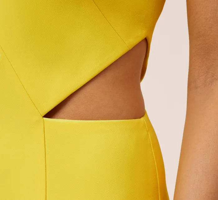 Adrianna Papell Stretch Crepe Long Halter Mermaid Dress With Cutouts In Lemon Lemon Women Long Dresses Adrianna Papell Stretch Crepe Long Halter Mermaid Dress With Cutouts In Lemon Lemon Women Long Dresses