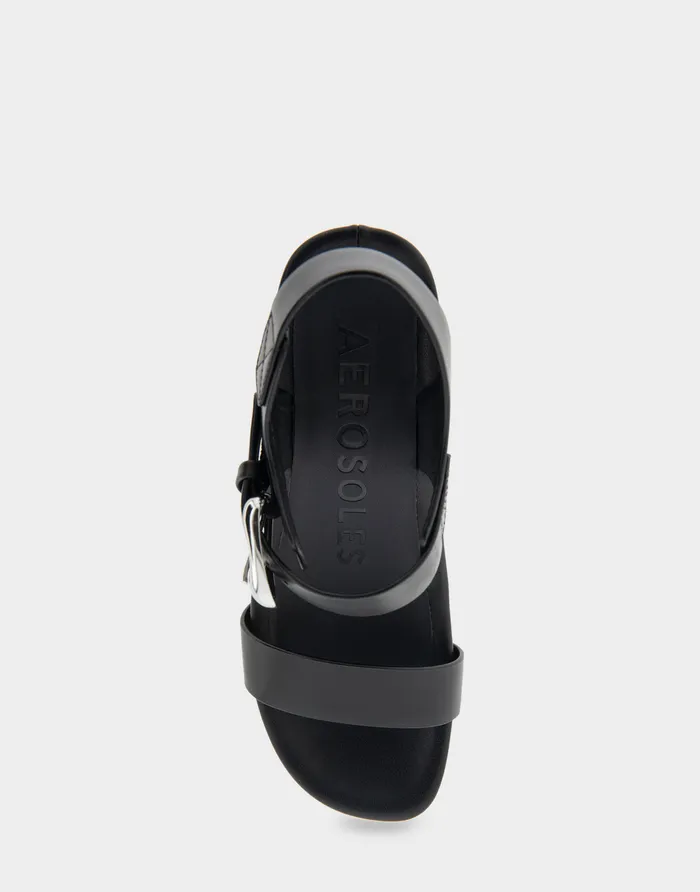 Aerosoles Dress Comfortable Buckled Footbed Wedge Sandal In Black Leather 8211 Women