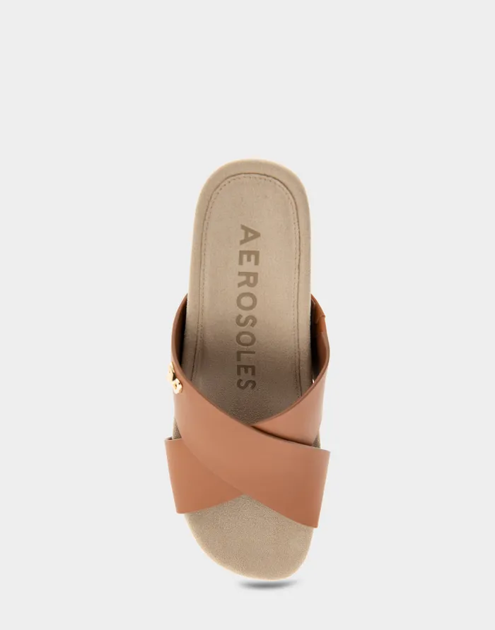Aerosoles Dress Comfortable Crisscross Footbed Wedge Sandal In Tan Leather Canvas Fabric 8211 Women