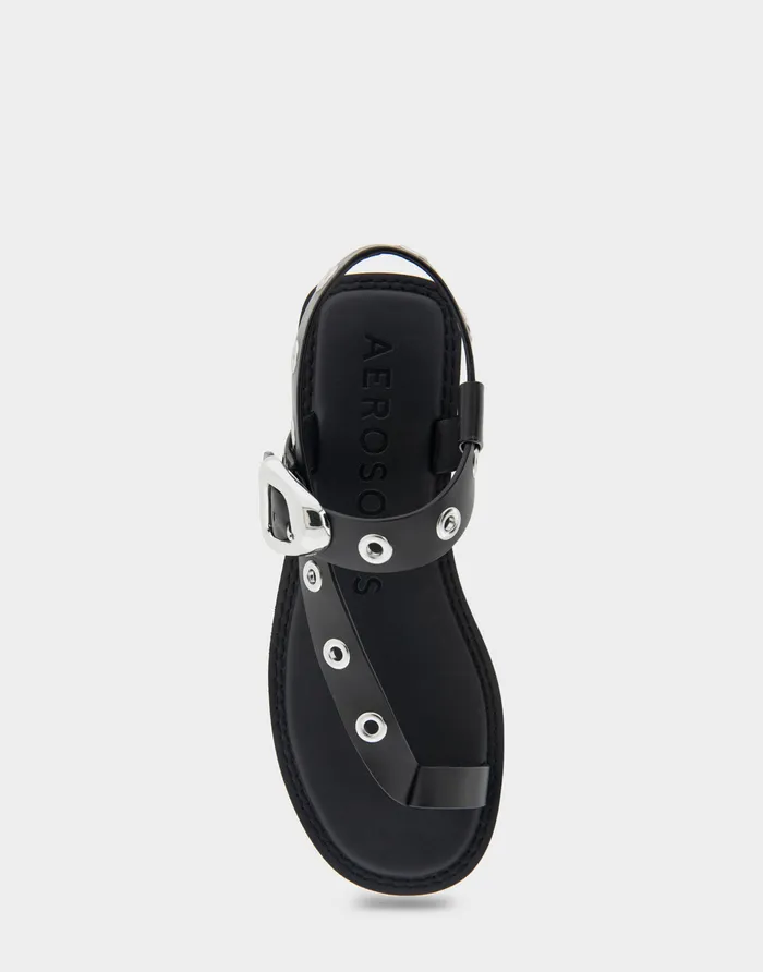 Aerosoles Flats Comfortable Grommeted Asymmetrical Toe Ring Sandal In Black Faux Leather 8211 Women