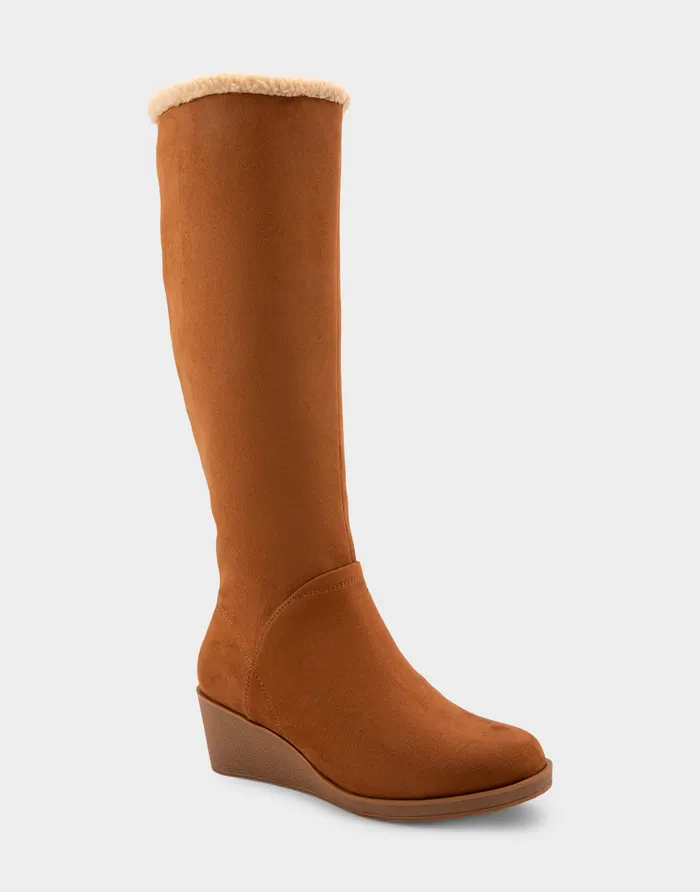 Aerosoles Wedges Comfortable Faux Shearling Trimmed Knee High Wedge Boot In Tobacco Faux Suede Faux Suede 8211 Women Aerosoles Wedges Comfortable Faux Shearling Trimmed Knee High Wedge Boot In Tobacco Faux Suede Faux Suede 8211 Women