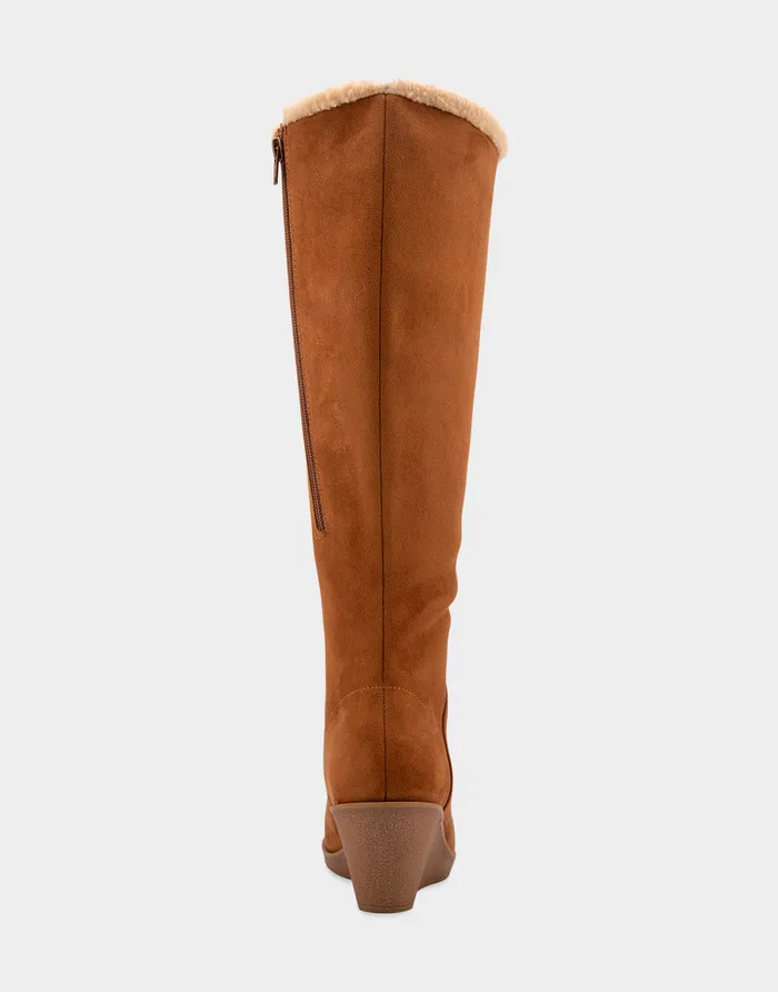 Aerosoles Wedges Comfortable Faux Shearling Trimmed Knee High Wedge Boot In Tobacco Faux Suede Faux Suede 8211 Women