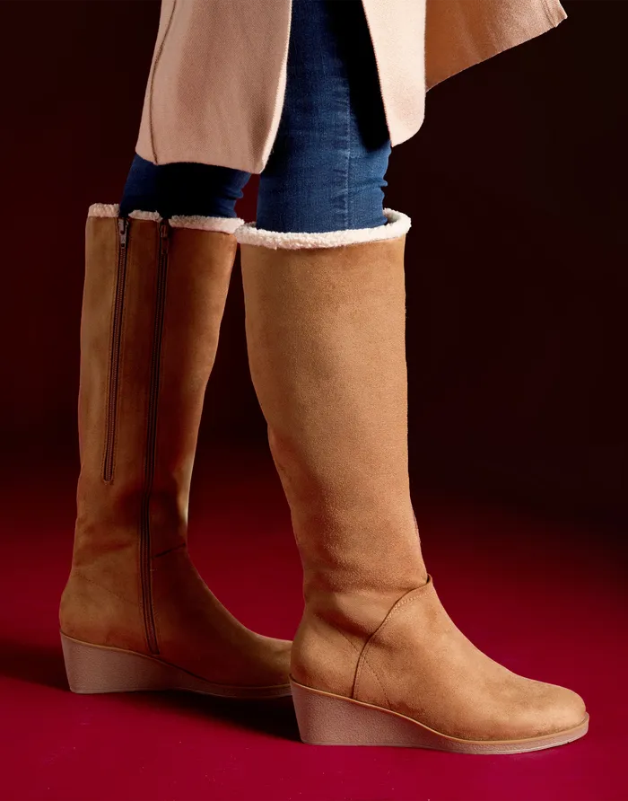 Aerosoles Wedges Comfortable Faux Shearling Trimmed Knee High Wedge Boot In Tobacco Faux Suede Faux Suede 8211 Women