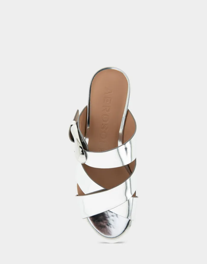 Aerosoles Wide Width Sandals Comfortable Crisscross Platform Slide Sandal In Silver Mirror Metallic Faux Leather 8211 Women