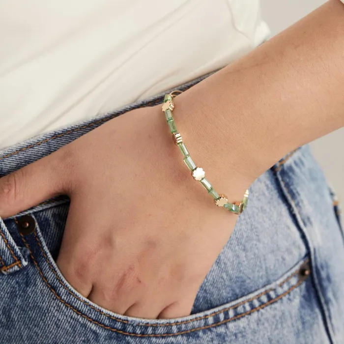 Alex And Ani Iconic Women Clover Crystal Accent Beaded Bangle Bracelet Gold