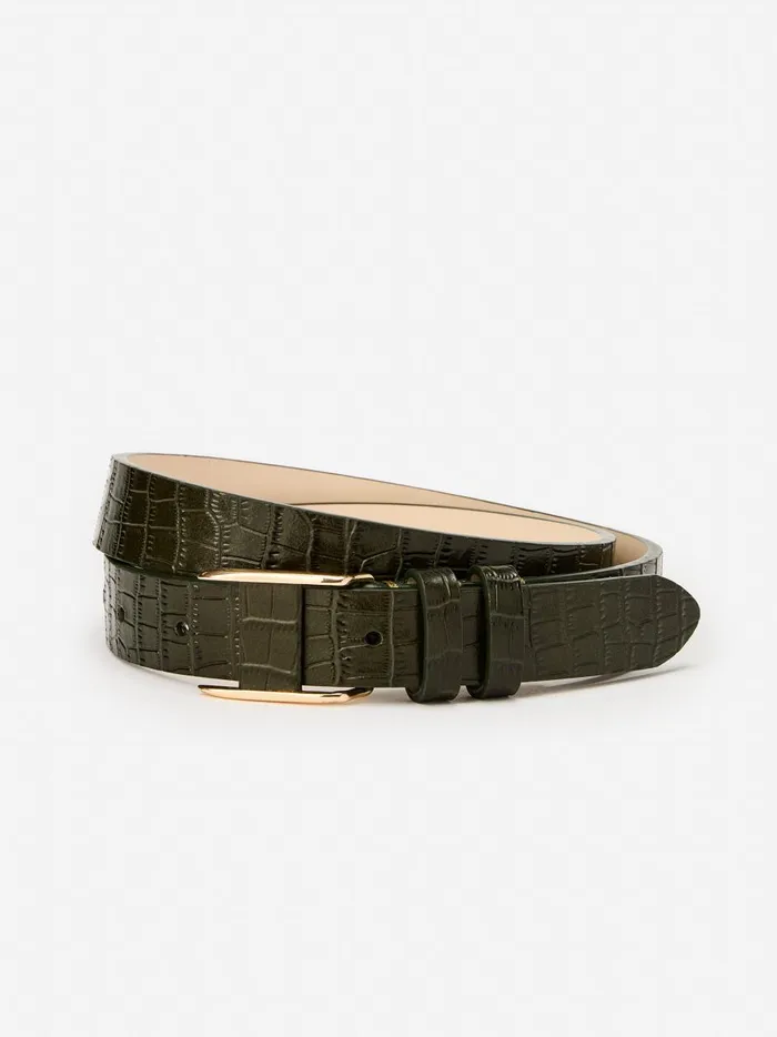 Allegra Leather Belt In Croc Olive Women JMcLaughlin Belts