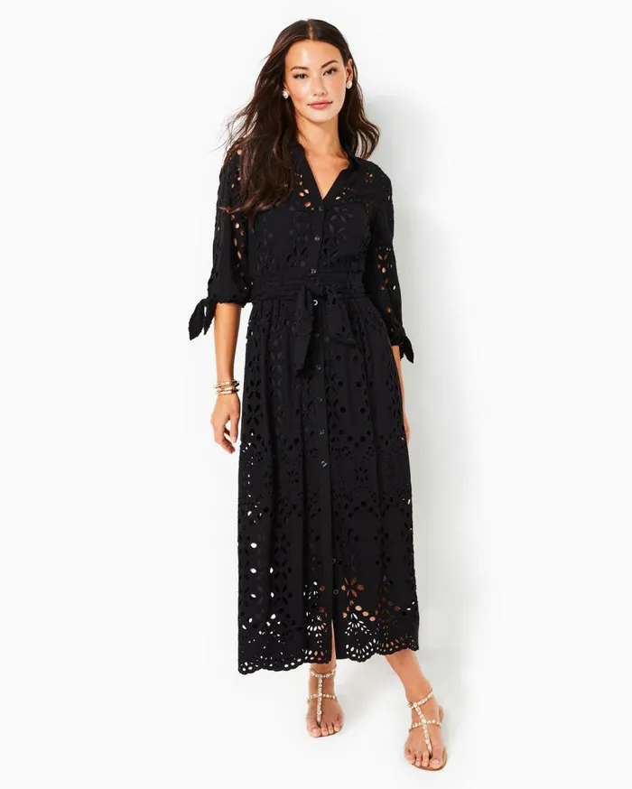 Amrita Eyelet Midi Dress Onyx Soiree Eyelet Women Lilly Pulitzer Dresses