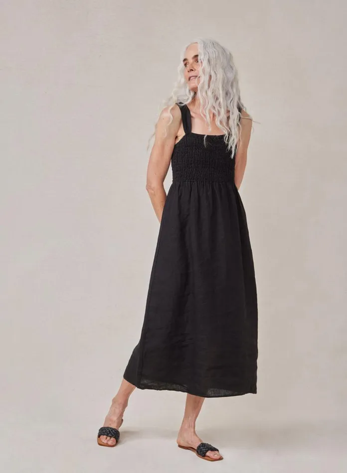 Bella Dahl Midi Dresses Smocked Linen Midi Dress 8211 Black 8211 Women