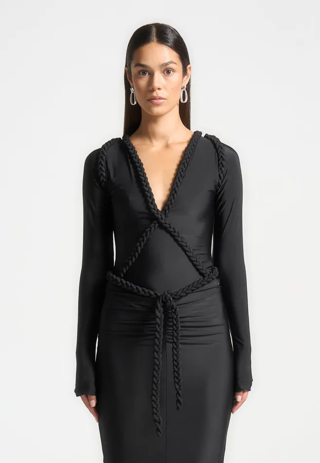 Bodysuits Women Manire De Voir Plait Detail Plunge Bodysuit Black