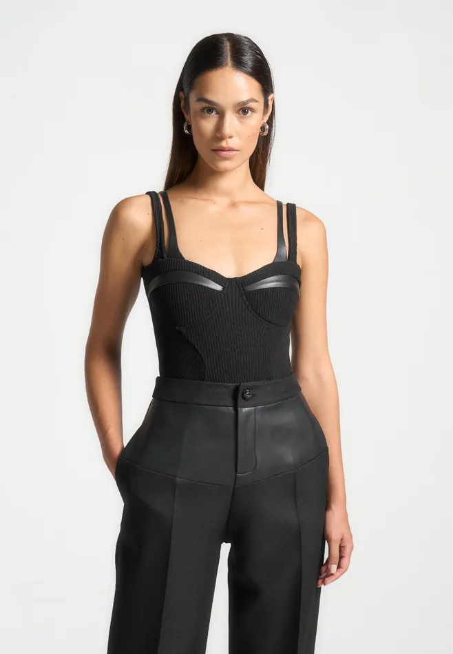 Bodysuits Women Manire De Voir Twin Strap Ribbed Bodysuit Black