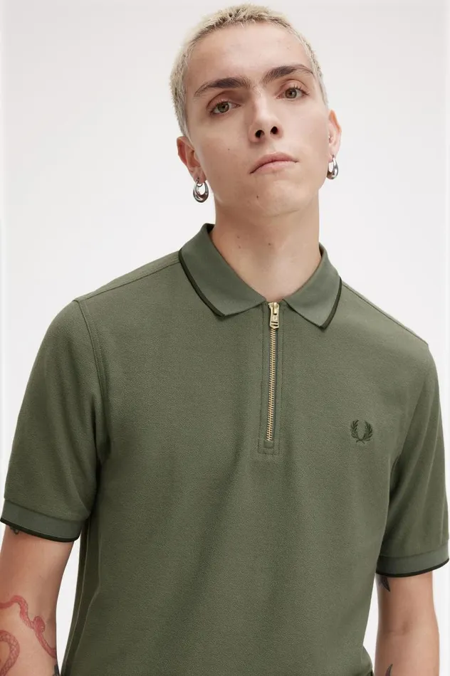 Crepe Piqu Zip Neck Polo Shirt Laurel Wreath Green Men Fred Perry Polo Shirts