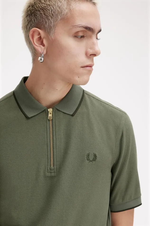 Crepe Piqu Zip Neck Polo Shirt Laurel Wreath Green Men Fred Perry Polo Shirts