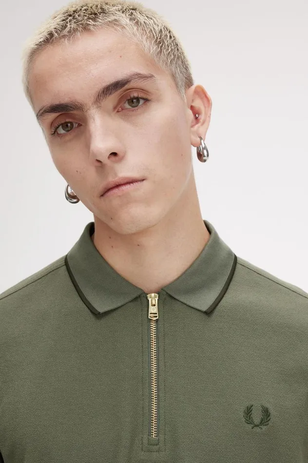 Crepe Piqu Zip Neck Polo Shirt Laurel Wreath Green Men Fred Perry Polo Shirts