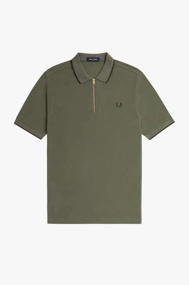 Crepe Piqu Zip Neck Polo Shirt Laurel Wreath Green Men Fred Perry Polo Shirts