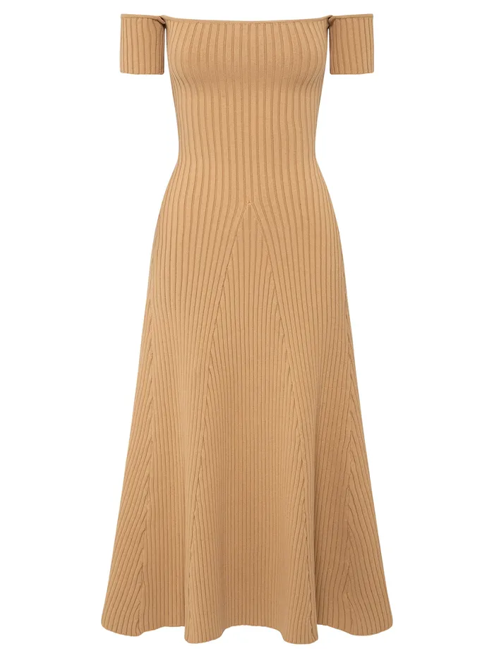 Dresses The UNDONE Women Anna Quan 8211 Off The Shoulder Valerie Knit Dress in Tan