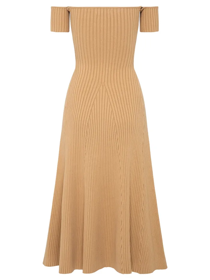Dresses The UNDONE Women Anna Quan 8211 Off The Shoulder Valerie Knit Dress in Tan