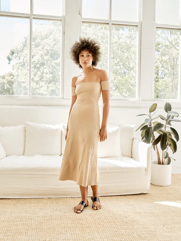 Dresses The UNDONE Women Anna Quan 8211 Off The Shoulder Valerie Knit Dress in Tan