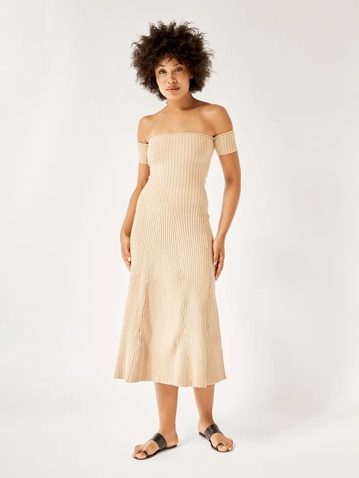 Dresses The UNDONE Women Anna Quan 8211 Off The Shoulder Valerie Knit Dress in Tan