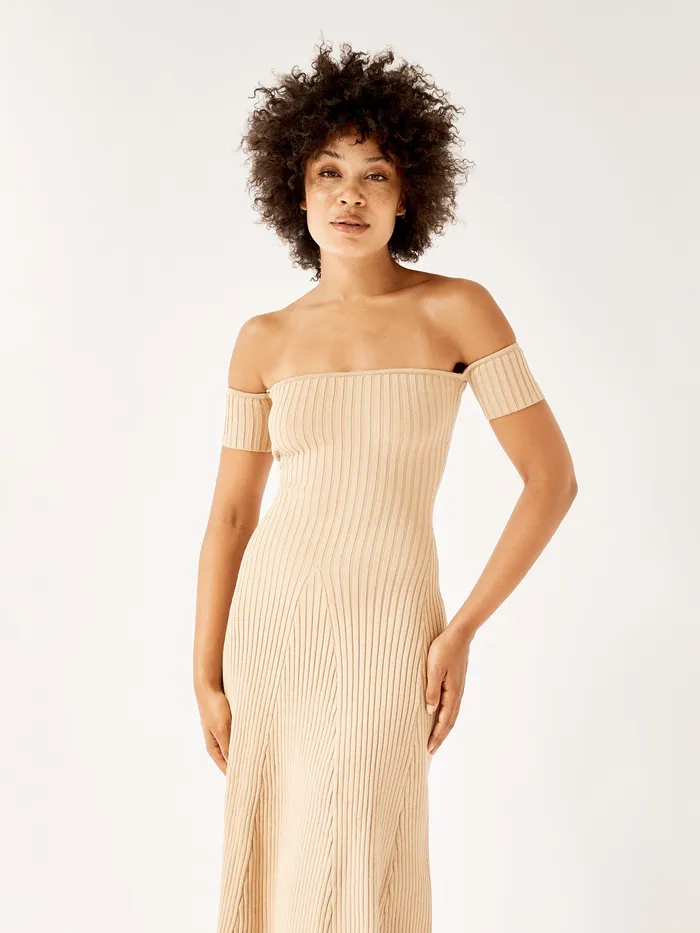 Dresses The UNDONE Women Anna Quan 8211 Off The Shoulder Valerie Knit Dress in Tan