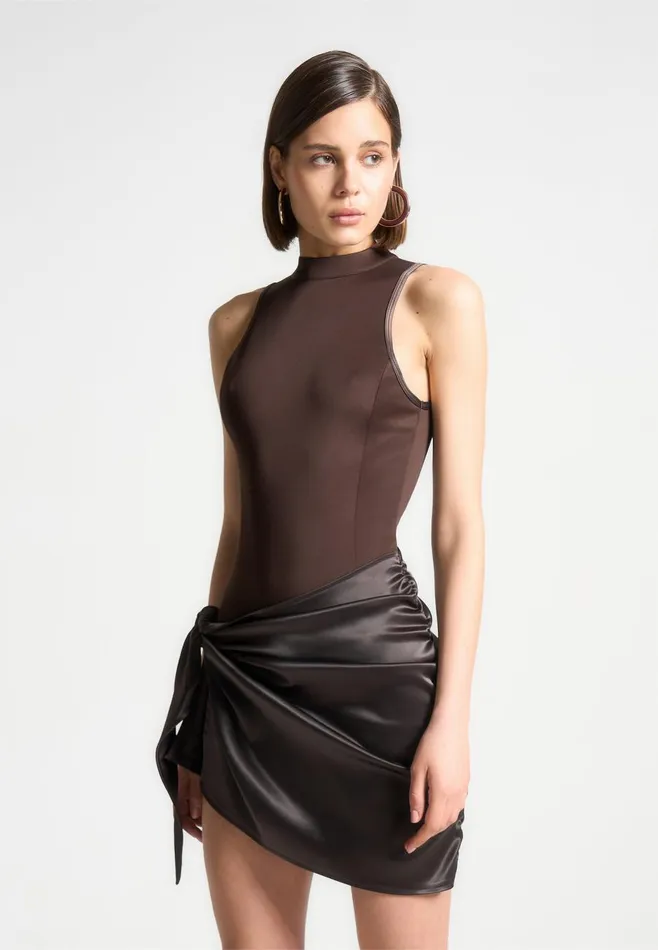Dresses Women Manire De Voir Neoprene and Satin Wrap Bodycon Dress Brown