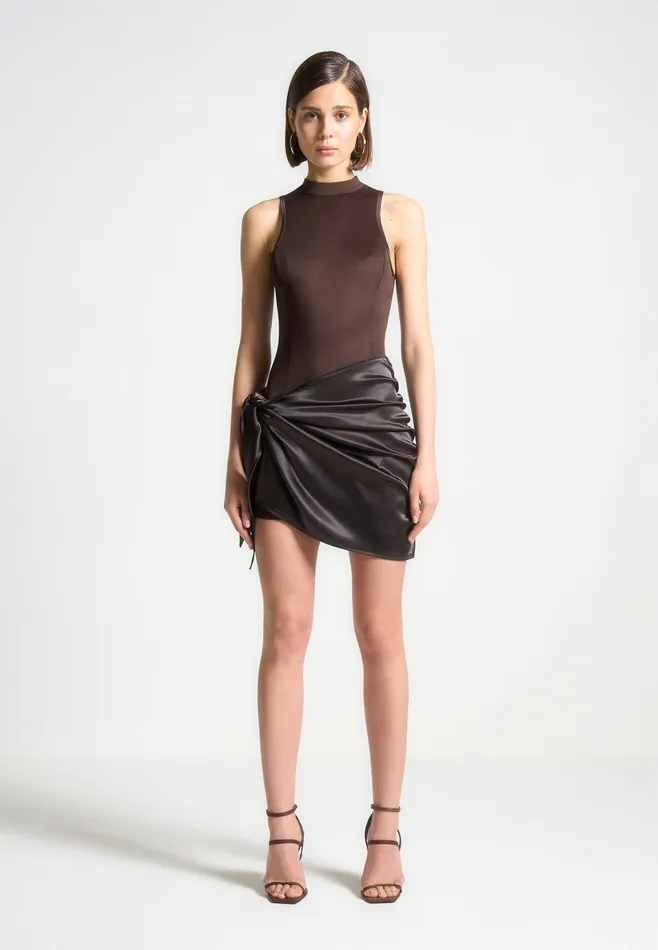 Dresses Women Manire De Voir Neoprene and Satin Wrap Bodycon Dress Brown
