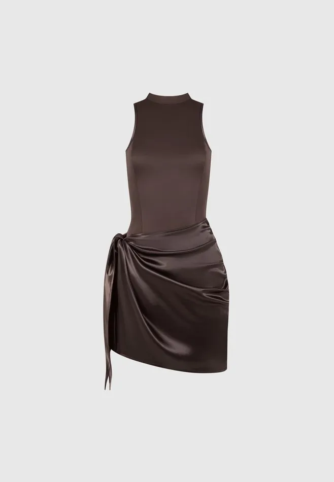 Dresses Women Manire De Voir Neoprene and Satin Wrap Bodycon Dress Brown