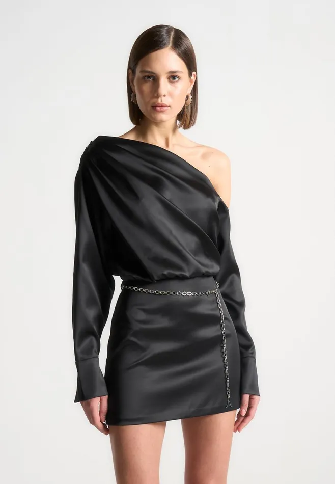 Dresses Women Manire De Voir Off Shoulder Draped Satin Mini Dress With Belt Black