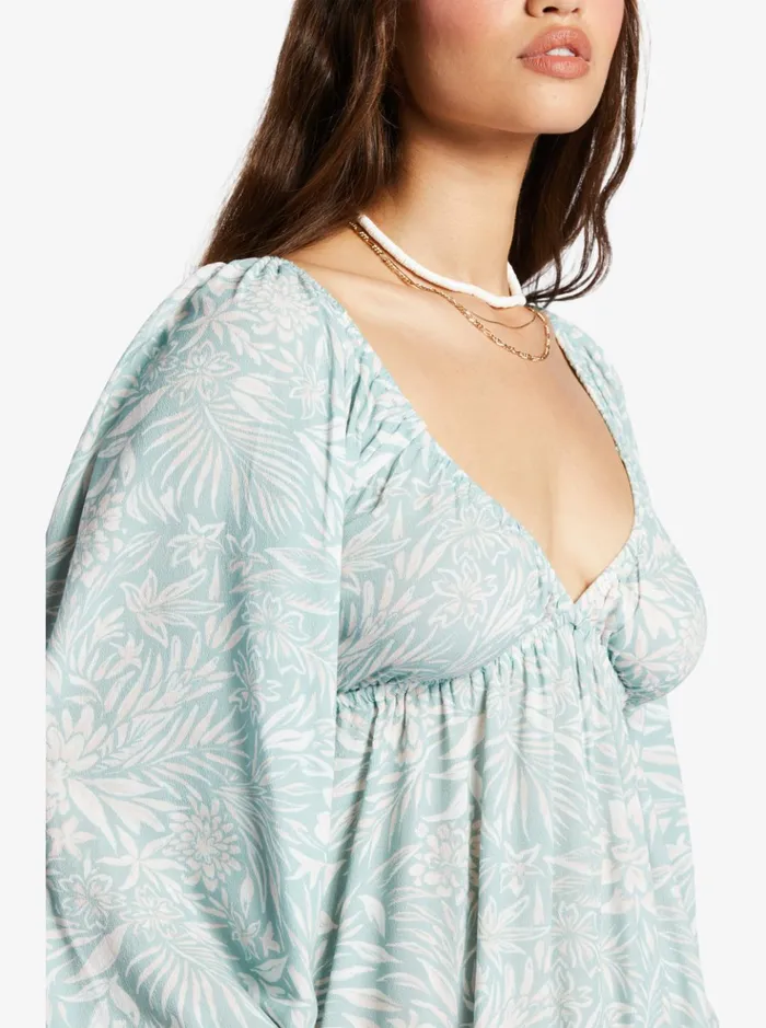 Dresses Women Roxy Sweetest Shores Puff Sleeve Dress Blue Surf Planao Apparel
