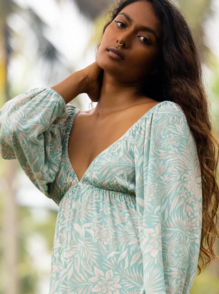 Dresses Women Roxy Sweetest Shores Puff Sleeve Dress Blue Surf Planao Apparel