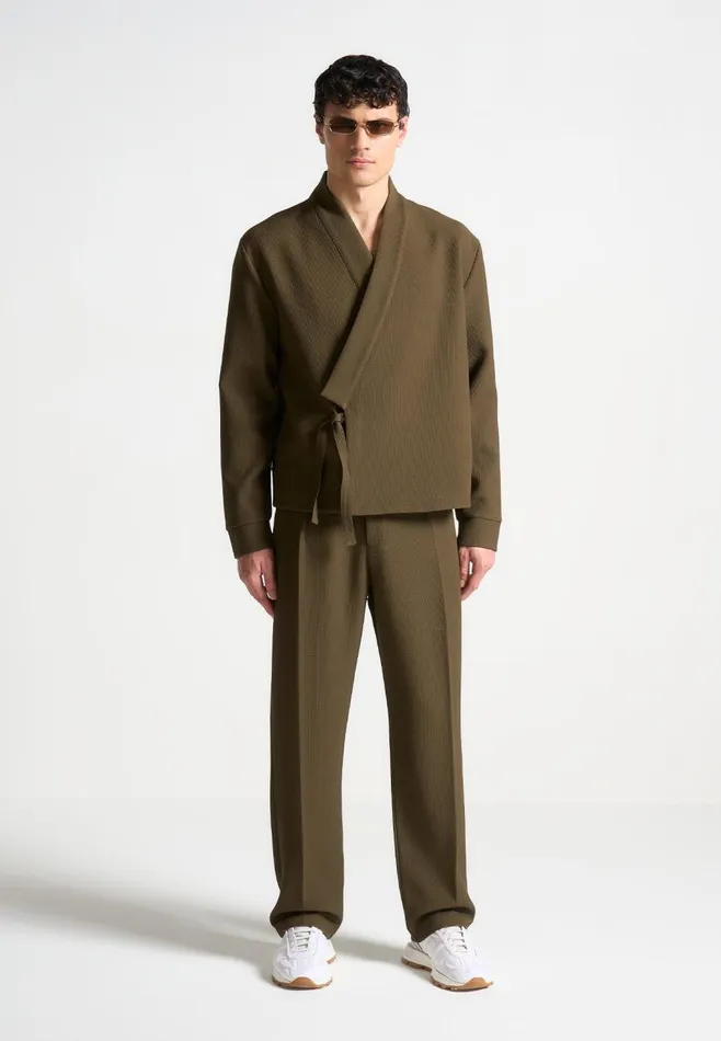 Formal CoOrds Men Manire De Voir Textured Kimono Wrap Jacket Khaki