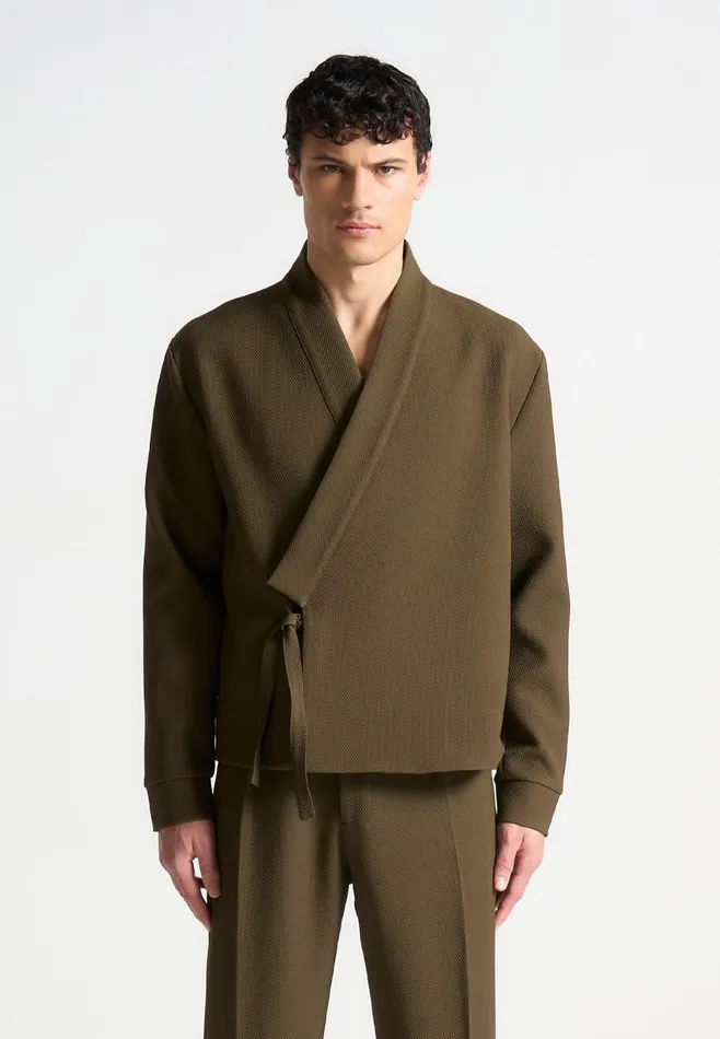 Formal CoOrds Men Manire De Voir Textured Kimono Wrap Jacket Khaki