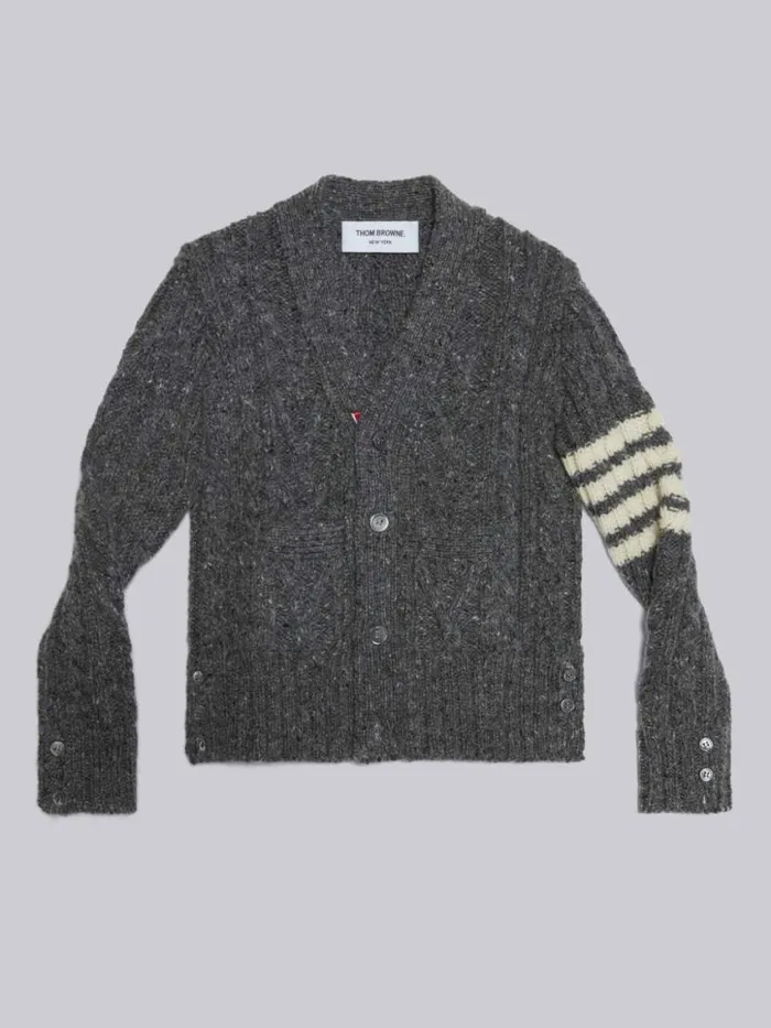 GirlsBoys Fine Merino Mohair Tweed 4bar Aran Cable Vneck Cardigan Medium Grey Thom Browne Knitwear GirlsBoys Fine Merino Mohair Tweed 4bar Aran Cable Vneck Cardigan Medium Grey Thom Browne Knitwear