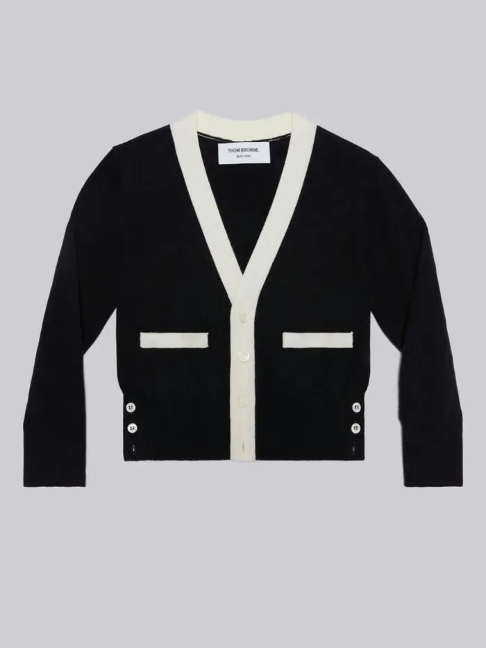 GirlsBoys Sustainable Fine Merino Wool Back Stripe Classic Vneck Cardigan Navy Thom Browne Knitwear GirlsBoys Sustainable Fine Merino Wool Back Stripe Classic Vneck Cardigan Navy Thom Browne Knitwear