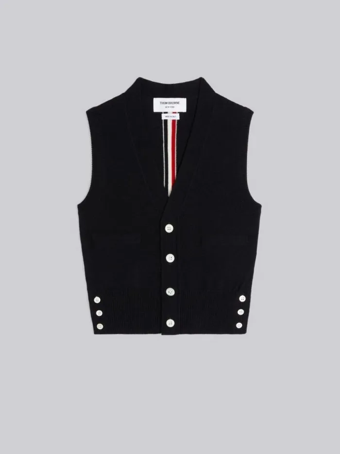 GirlsBoys Sustainable Fine Merino Wool Stripe Back Vneck Cardigan Vest Navy Thom Browne Knitwear GirlsBoys Sustainable Fine Merino Wool Stripe Back Vneck Cardigan Vest Navy Thom Browne Knitwear