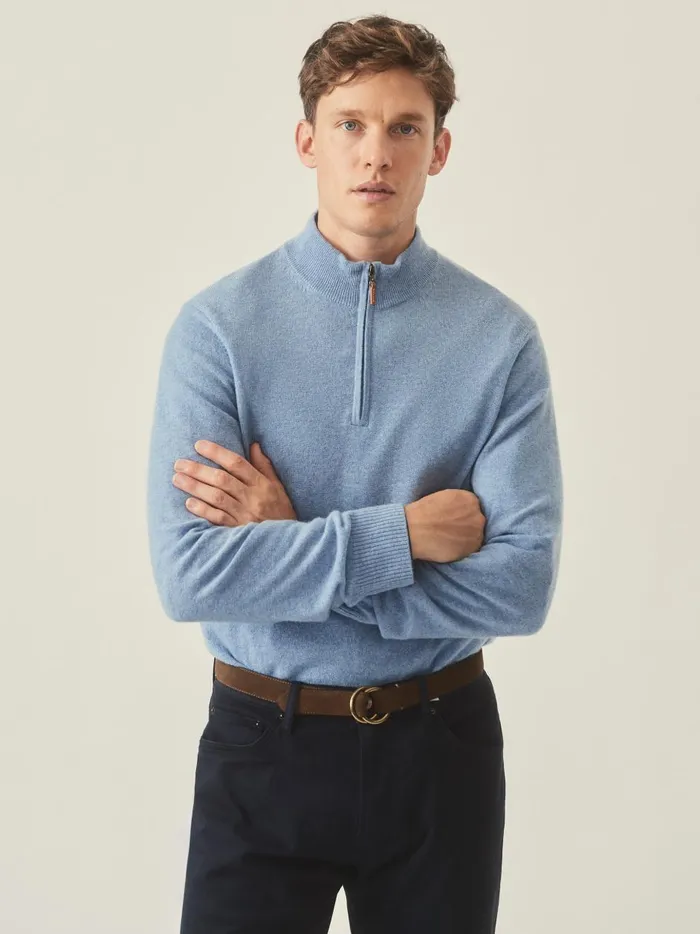 Henry Cashmere 14 Zip Washed Denim Men JMcLaughlin Sweaters Henry Cashmere 14 Zip Washed Denim Men JMcLaughlin Sweaters